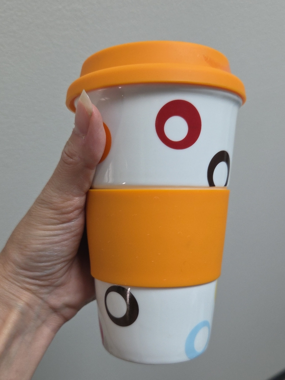 Hallmark Orange-Accented Reusable Travel Mug with Colorful Circle Design